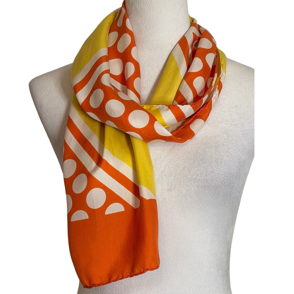 Echo Vintage Silk Scarf 1970s Mod Yellow Orange Polka Dot